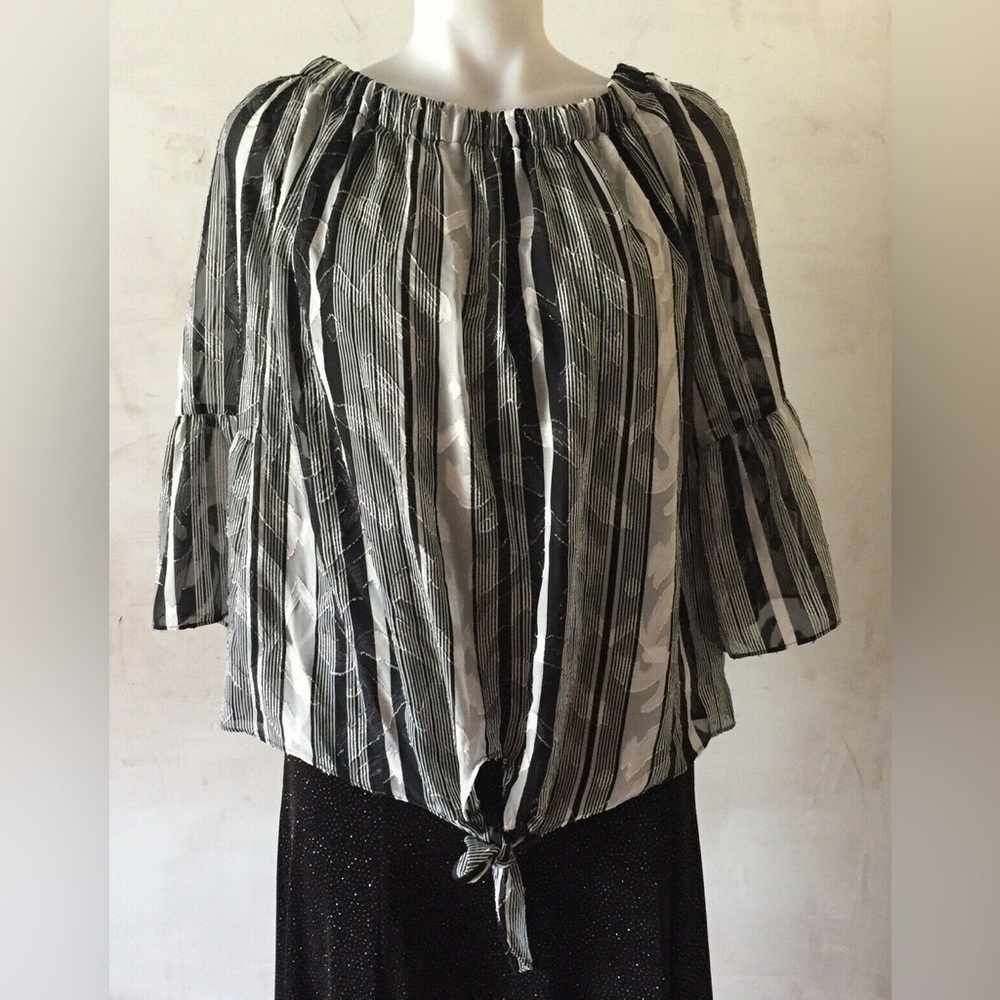 Roz & Ali Black White Striped Off Shoulder Blouse